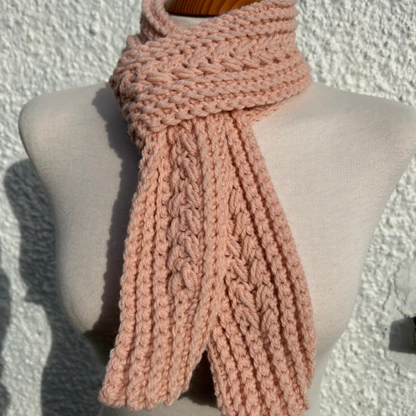 Handmade crochet scarf in powder pink wool mix yarn
