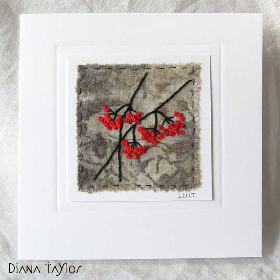 RED BERRIES EMBROIDERED ECO PRINT CHRISTMAS CARD