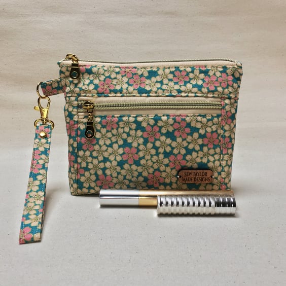 Japanese Blossoms Fabric Devon Pouch Purse with Wristlet