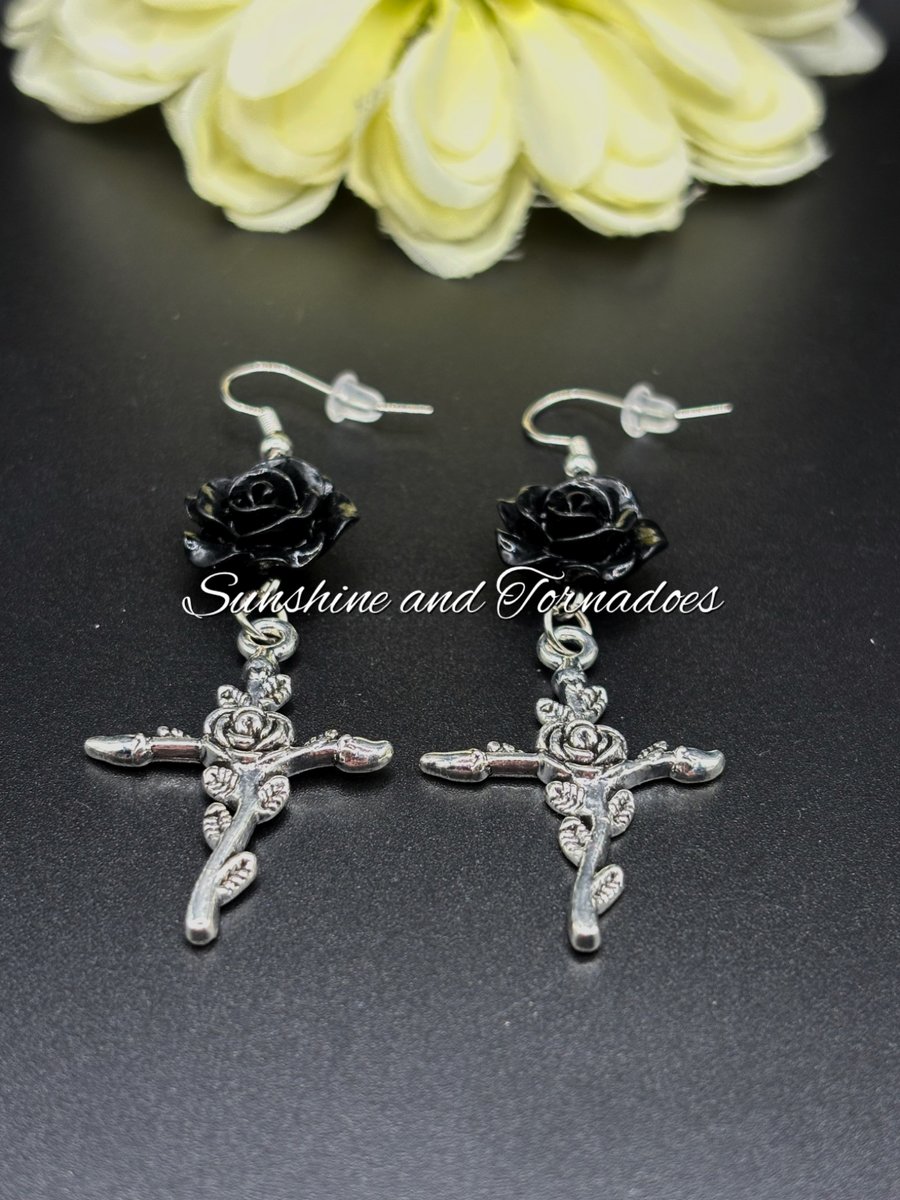 Gothic Floral Earrings with Cross charms - Black Rose Earring - Handmade