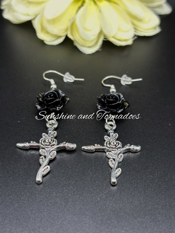 Gothic Floral Earrings with Cross charms - Black Rose Earring - Handmade