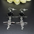 Gothic Floral Earrings with Cross charms - Black Rose Earring - Handmade