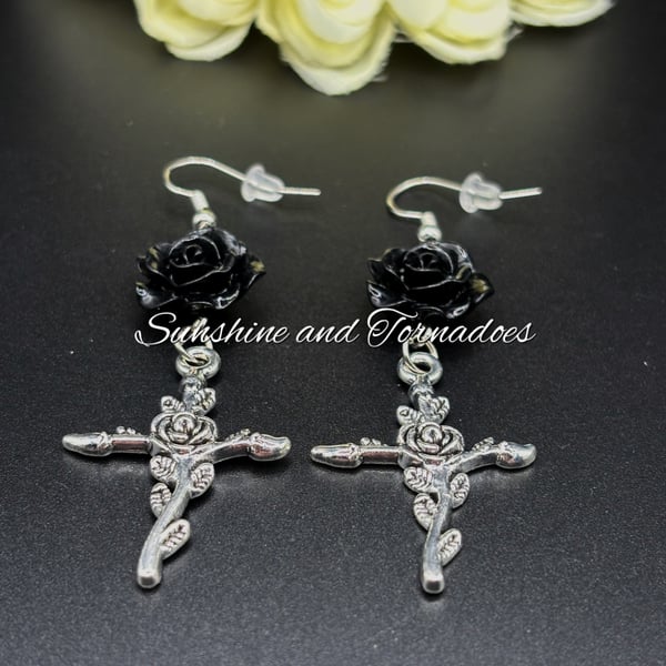 Gothic Floral Earrings with Cross charms - Black Rose Earring - Handmade