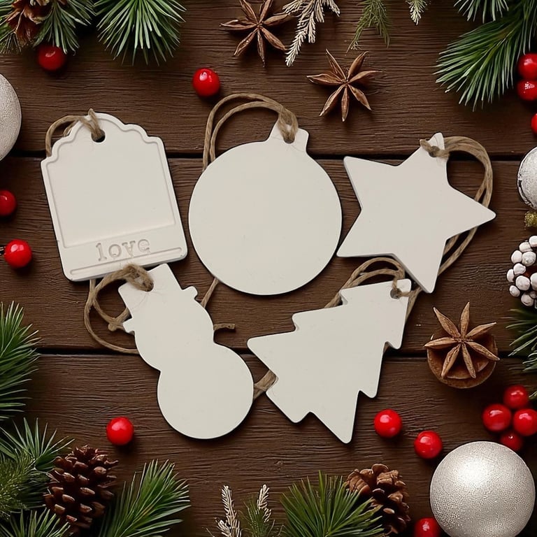 Set of five white Christmas gift tags with festive designs