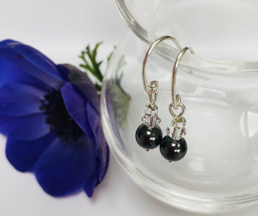 Sterling Silver Black Swarovski Pearl Earrings