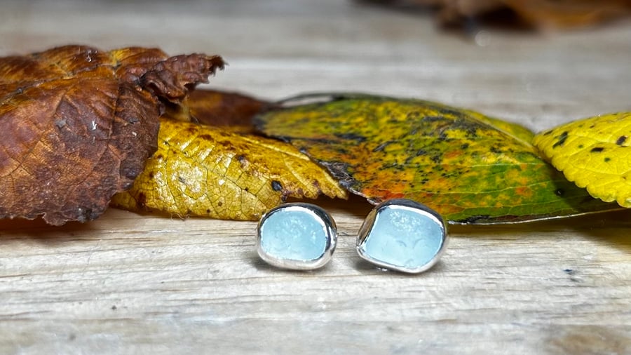 Handmade Fine & Sterling Silver Stud Earrings & Pieces Of Blue Welsh Sea Glass