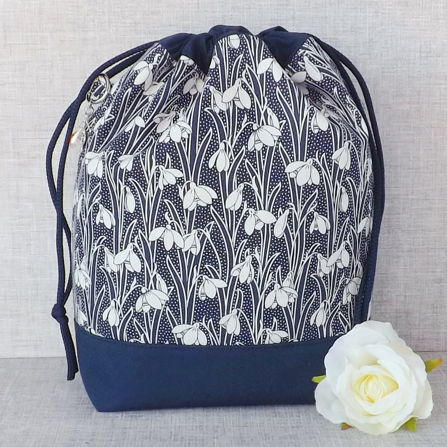 Project bag, drawstring bag, snowdrops, Liberty fabric