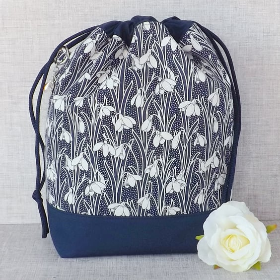 Project bag, drawstring bag, snowdrops, Liberty fabric