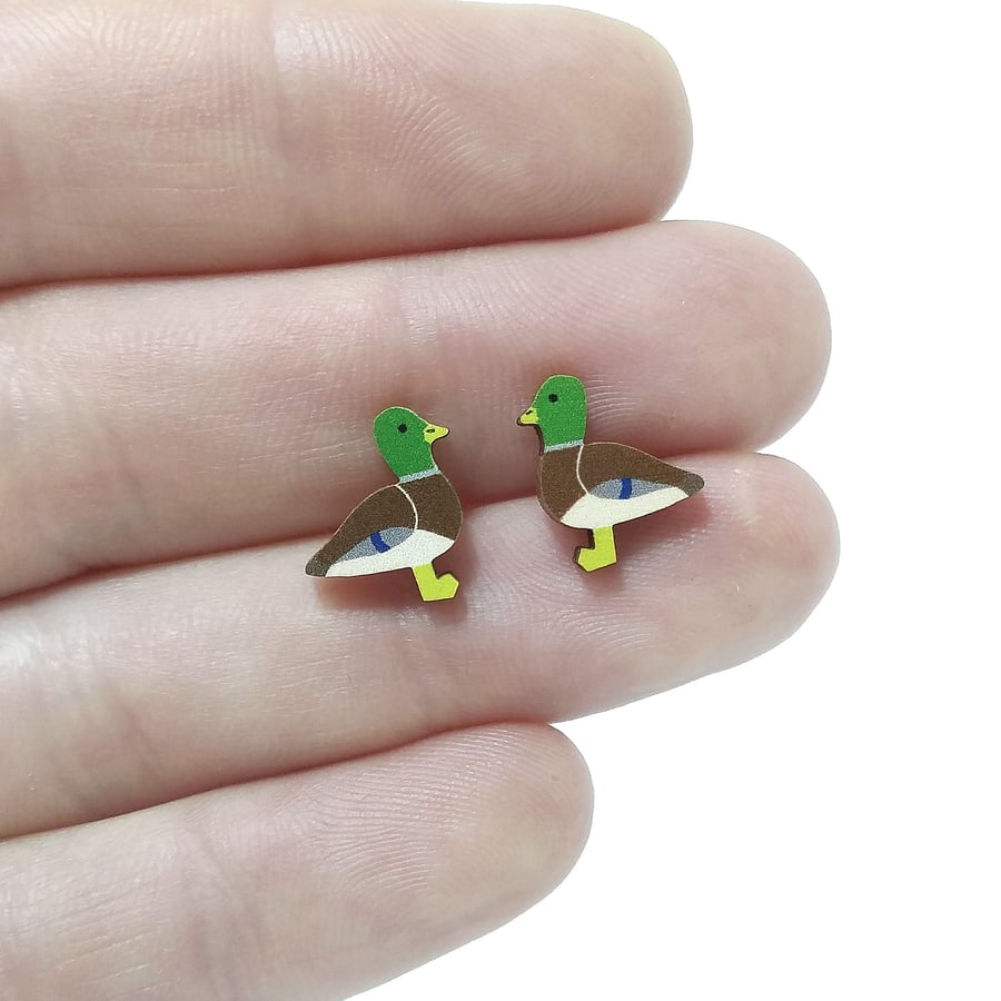 Mallard Earrings, Duck Studs, Silver Plated or Sterling Silver Backs