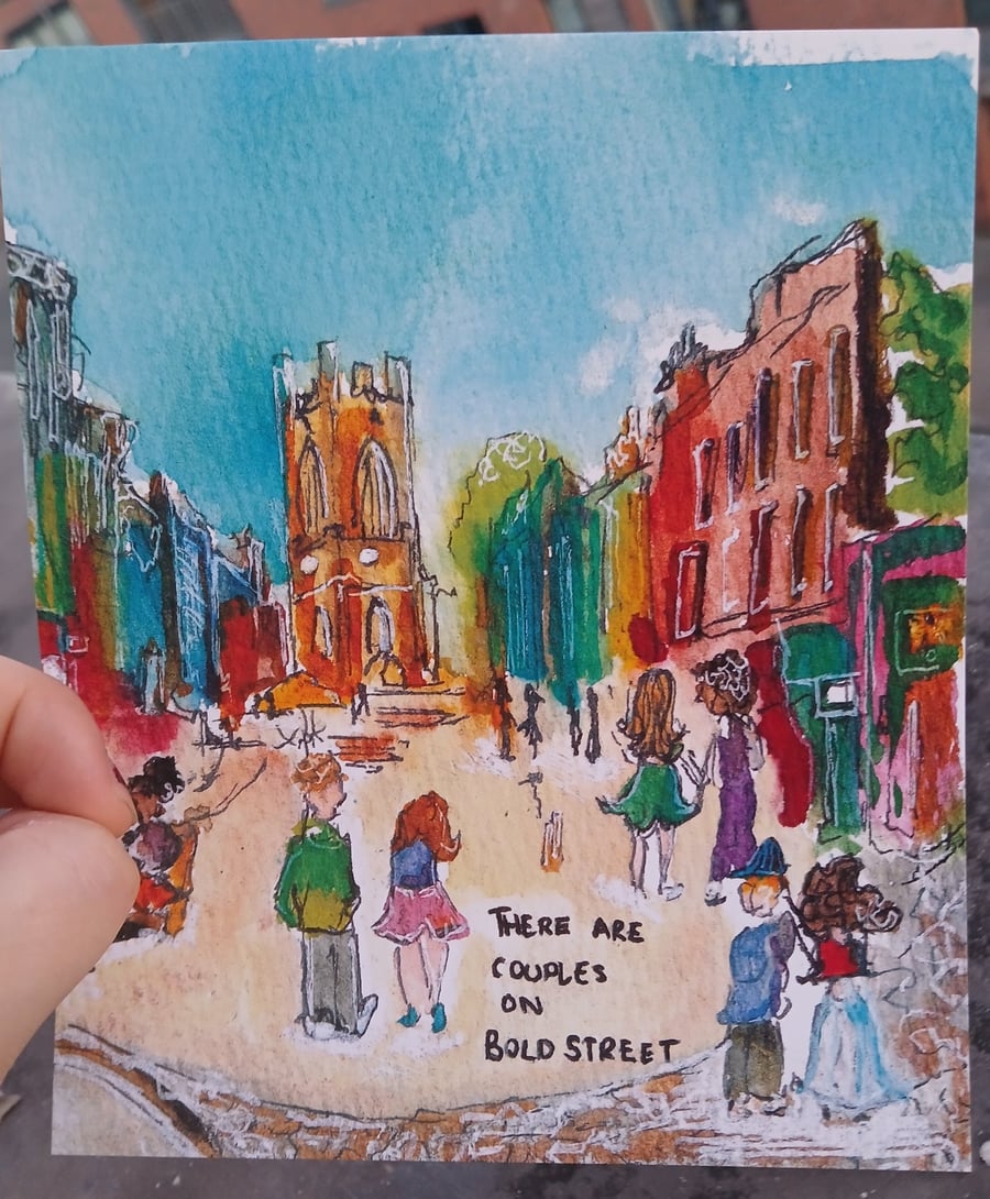 There are couples on Bold street Watercolour