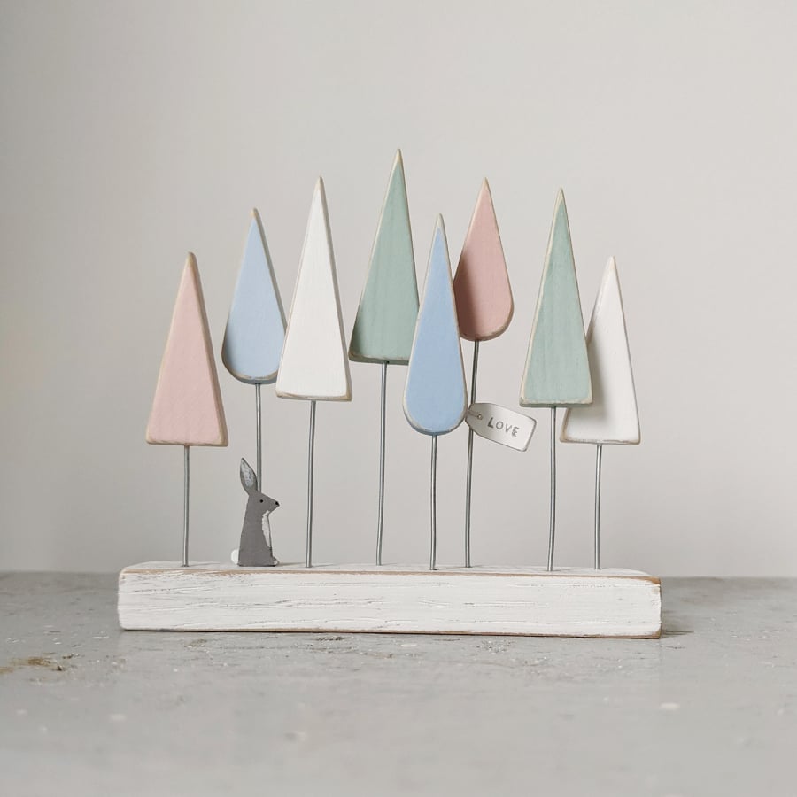 Pastel Colour Decorative Wooden Trees with Love & Tiny Hare, Easter Gift