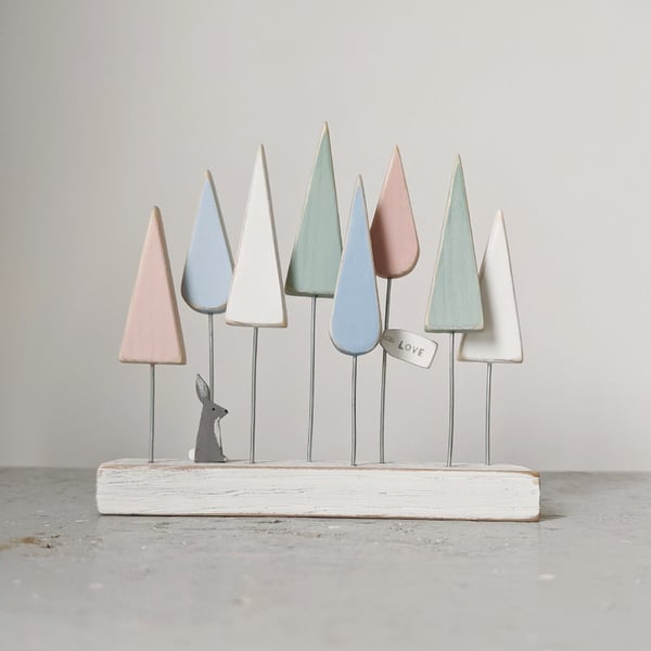 Pastel Colour Decorative Wooden Trees with Love & Tiny Hare, Easter Gift