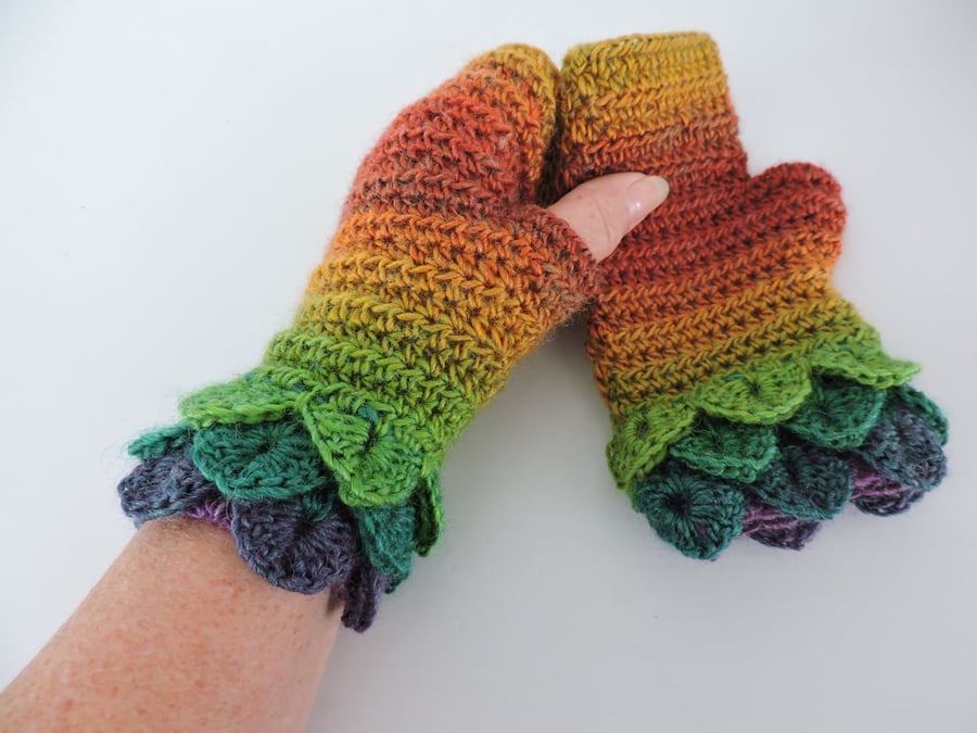 Crochet Fingerless Mitts Dragon Scale Cuffs Purple Green Mustard and Russet