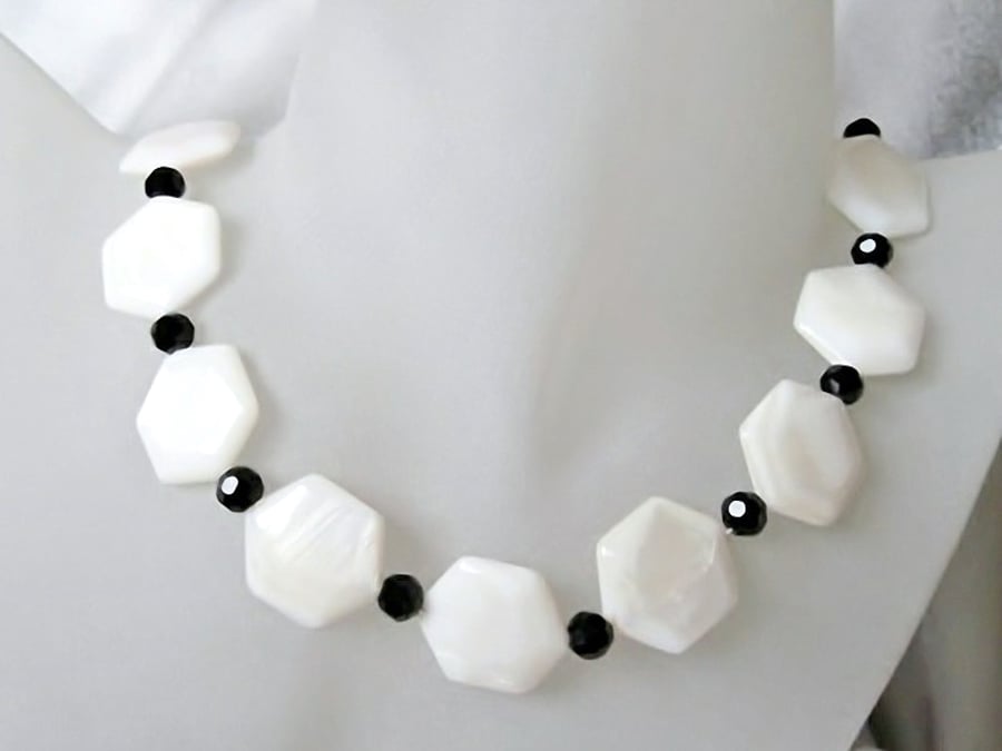 White Hexagonal River Shell Beads & Faceted Black Crystals Handmade Necklace