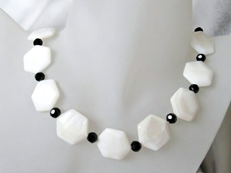 White Hexagonal River Shell Beads & Faceted Black Crystals Handmade Necklace