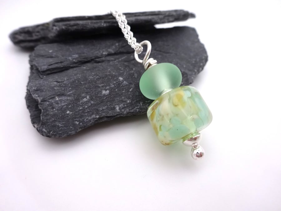 lampwork glass green pendant necklace