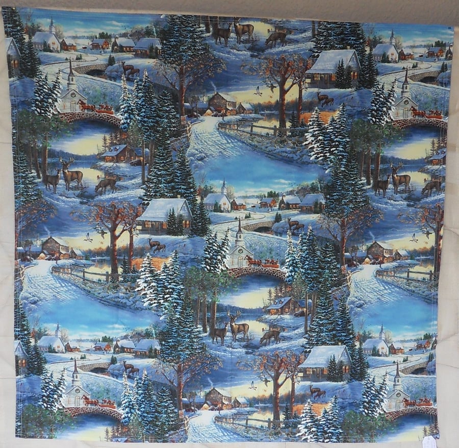 100% cotton fabric Christmas scene table cloth.