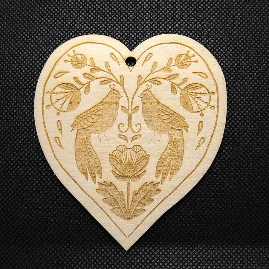 Partridge Love Heart decoration, laser etched and cut, wooden hanging decoration