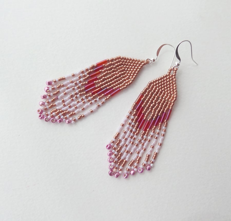 Copper And Pink Fringe Earrings, Native American Inspired Beadwork Chic
