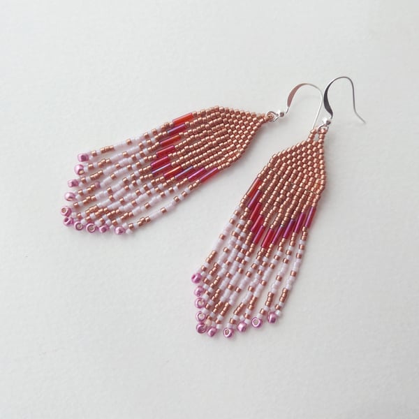 Copper And Pink Fringe Earrings, Native American Inspired Beadwork Chic