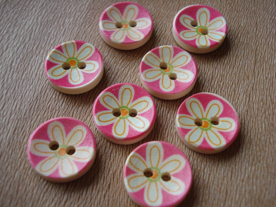 8 Round Buttons, Flower Buttons, Wooden Buttons, Floral Buttons, Pretty Buttons