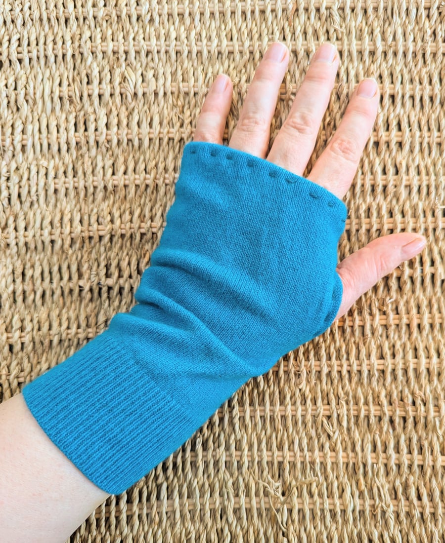 Soft Turquoise Cashmere Wrist Warmers Upcycled from recycled knitwear 