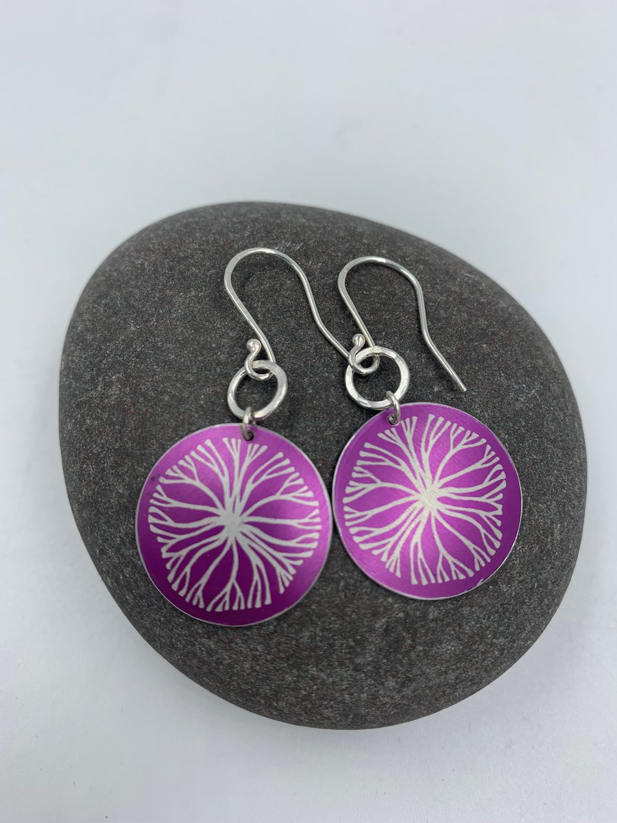 Purple aluminium circle tree earrings with silver ring