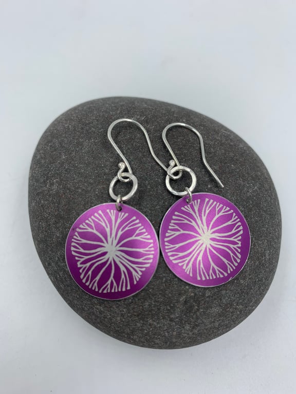 Purple aluminium circle tree earrings with silver ring