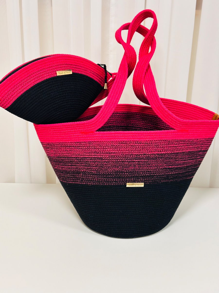 Large Ombre Cotton Rope Tote Bag with Matching Cosmetic Pouch – Black & Fuchsia 