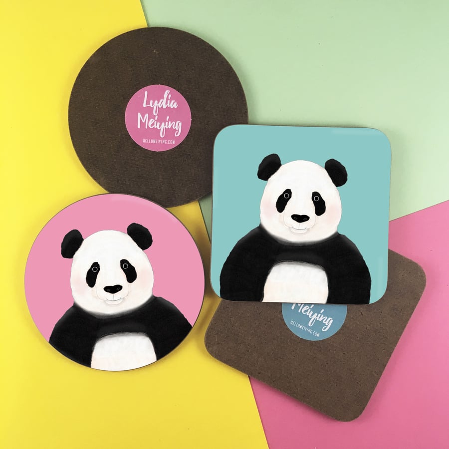 Round or Square Coaster, Panda Design, Choice of Pink or Turquoise Background