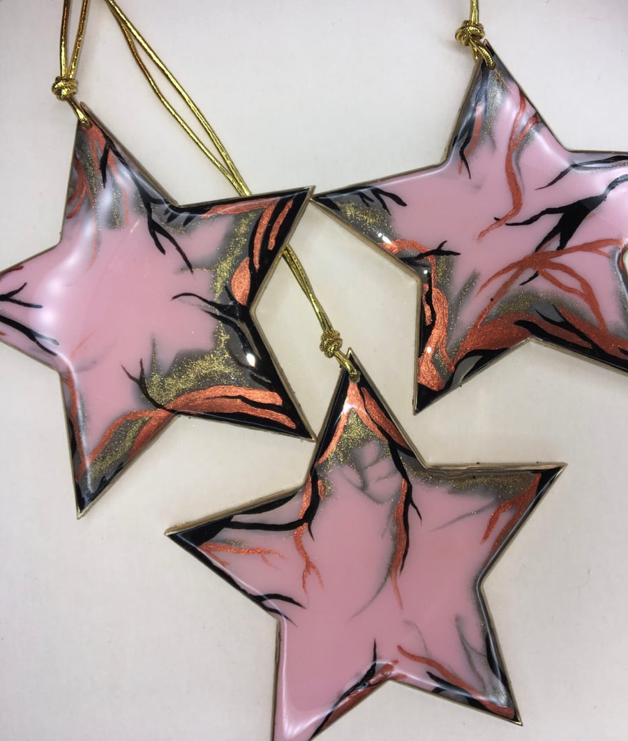 Christmas decoration, stars, pink, gold, copper, black glitter 