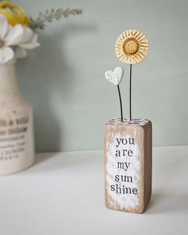 Clay Sunshine in a Wood Block 'You are my Sunshine'