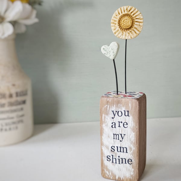 Clay Sunshine in a Wood Block 'You are my Sunshine'
