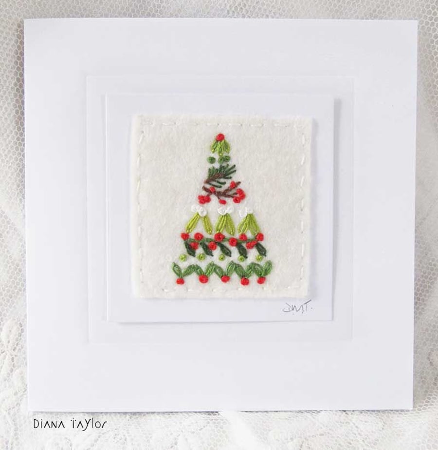 HAND EMBROIDERED CHRISTMAS TREE CARD WINTER FOLIAGE