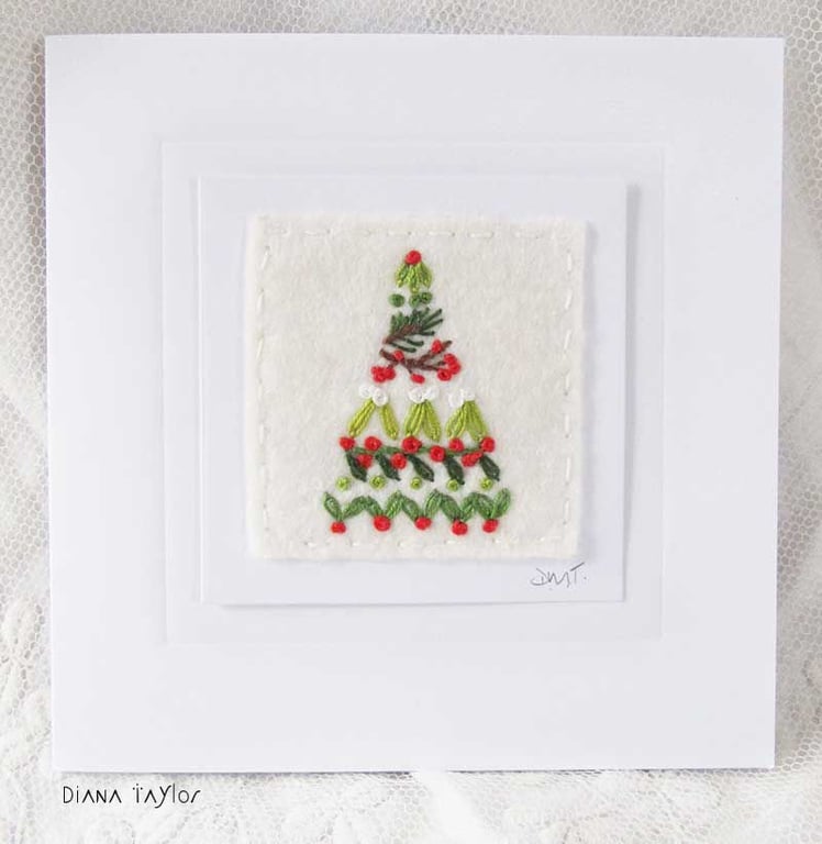HAND EMBROIDERED CHRISTMAS TREE CARD WINTER FOLIAGE