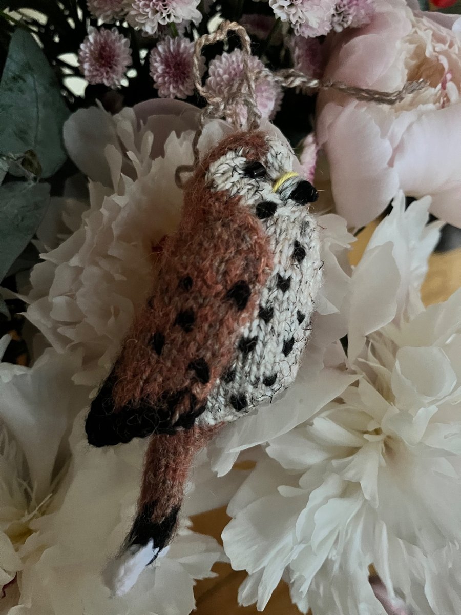 Female Kestrel hand knit tree decoration 