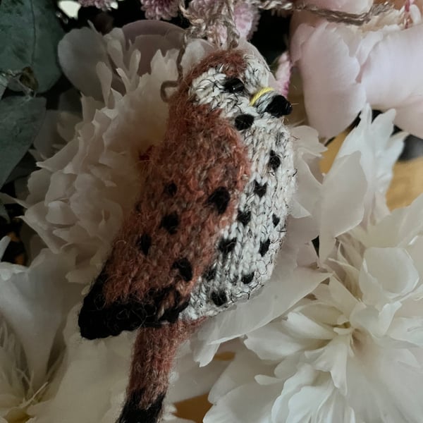 Female Kestrel hand knit tree decoration 