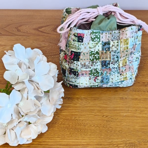 Hand embroidered gift bag in japanese rice bag style