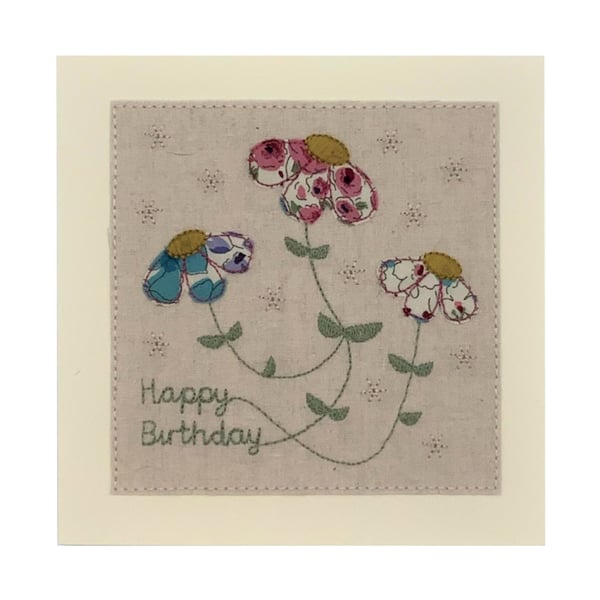Birthday card, Textile Flowers Birthday card, Pink Flower card, Keepsake card