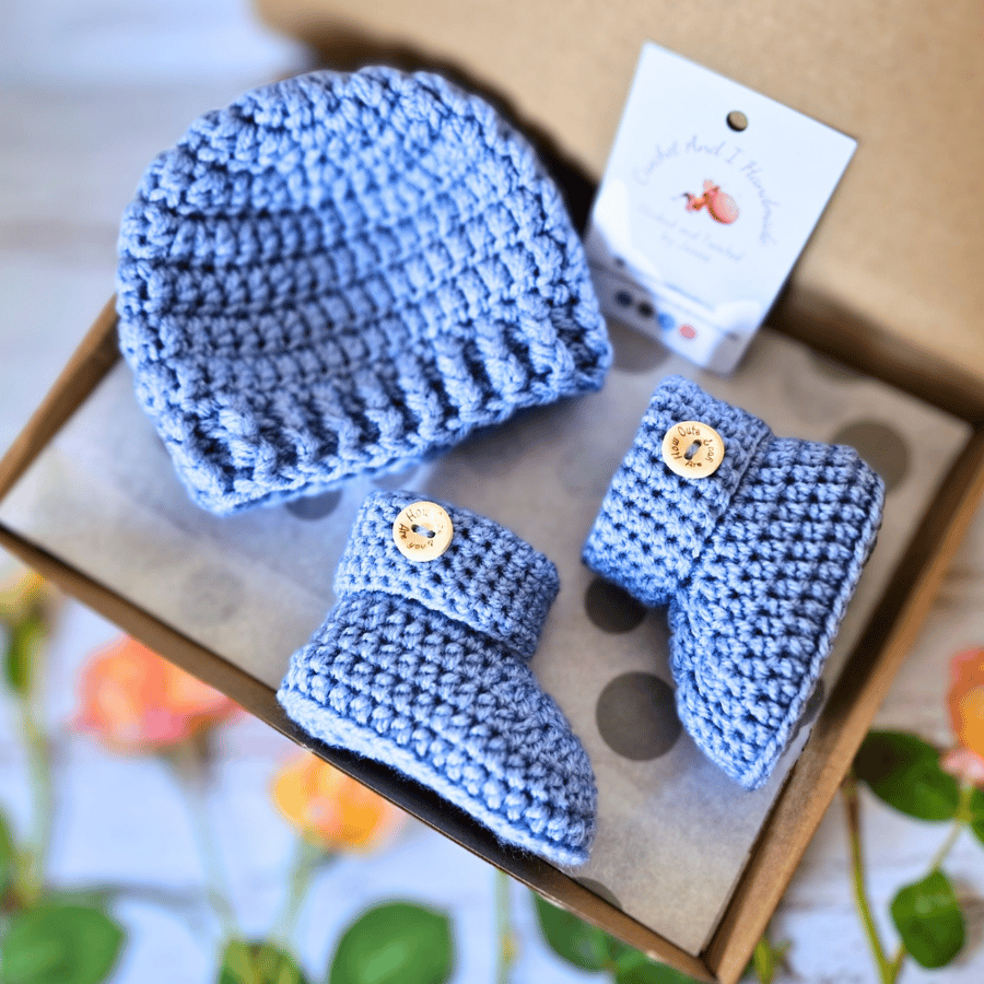 Handmade Crochet Baby Gift Set – Beanie Hat and Booties with Cute Button Detail