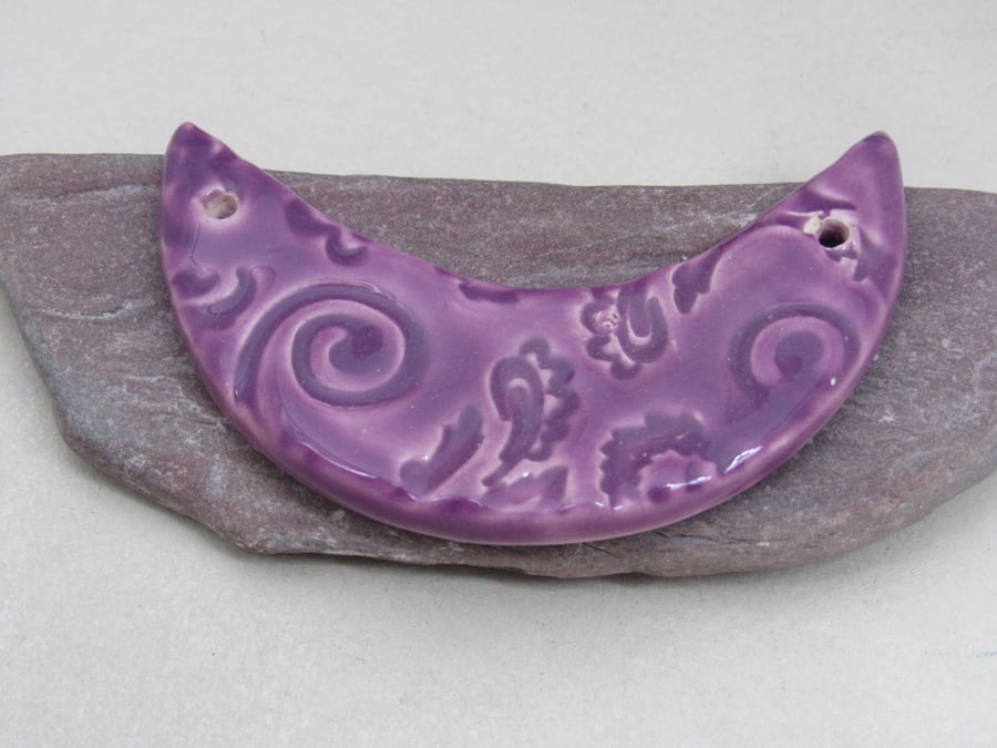 Lilac Purple Brocade Ceramic Crescent Bib Pendant