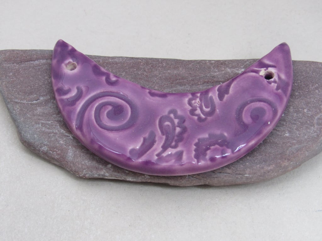 Lilac Purple Brocade Ceramic Crescent Bib Pendant
