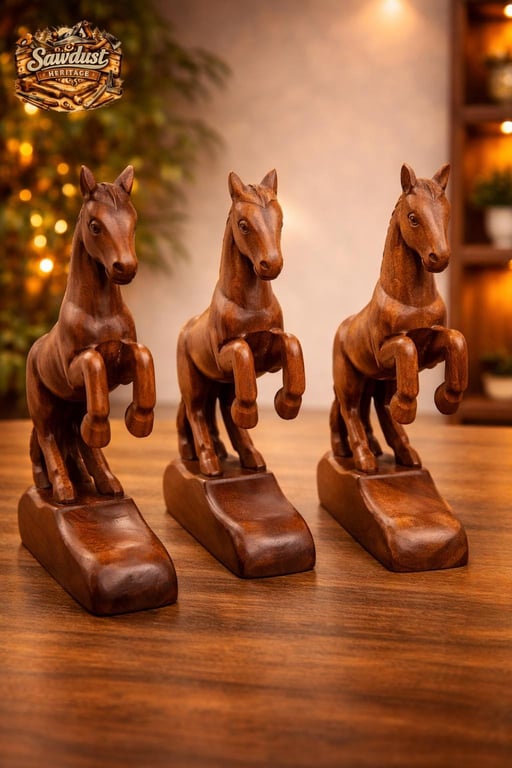 Antique Hand Carved Wooden Horse Figurines Set of 3 Vintage Rustic Handmade Deco