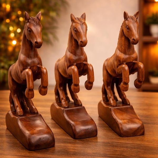 Antique Hand Carved Wooden Horse Figurines Set of 3 Vintage Rustic Handmade Deco