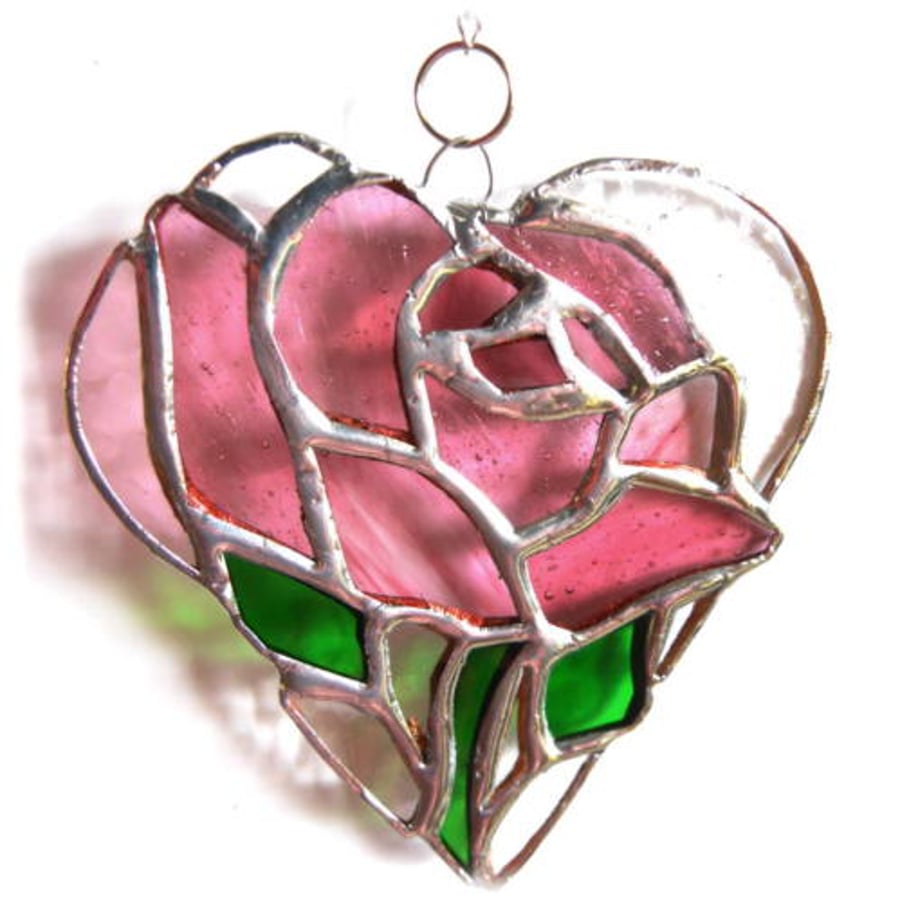 SOLD Pink Rose Heart Suncatcher Stained Glass 033
