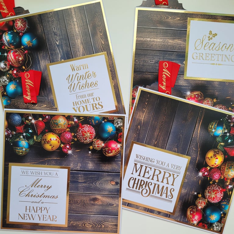 Set of 4 Luxury Christmas Cards & Matching Gift Tags - Wood Backdrop & Baubles