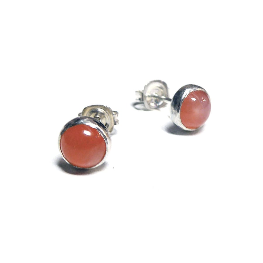 Peach Moonstone stud earrings in sterling silver, natural orange gemstones