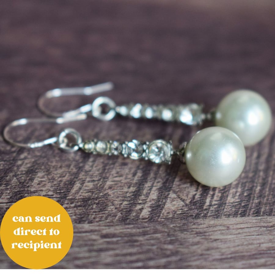 Pearl and Diamante Drop Earrings with Sterling Silver Earwires