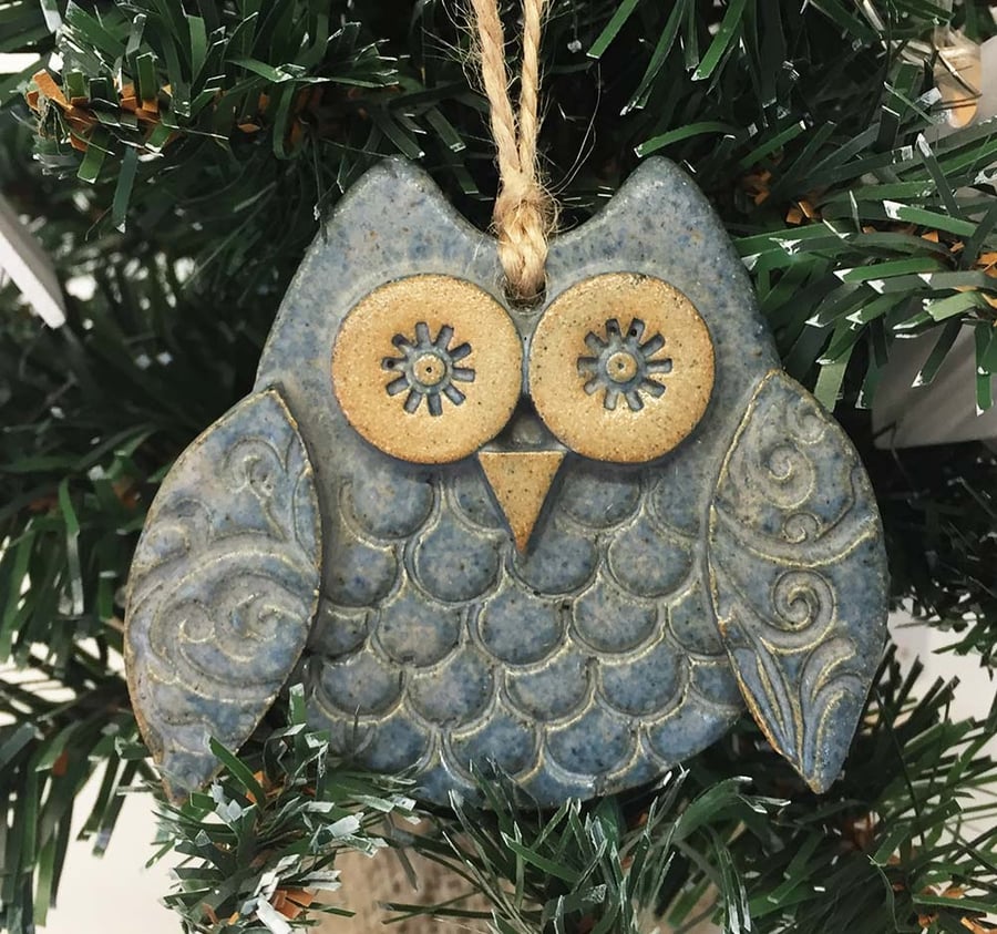 Ceramic owl hanging decoration Pottery owl ceramic bird Blue
