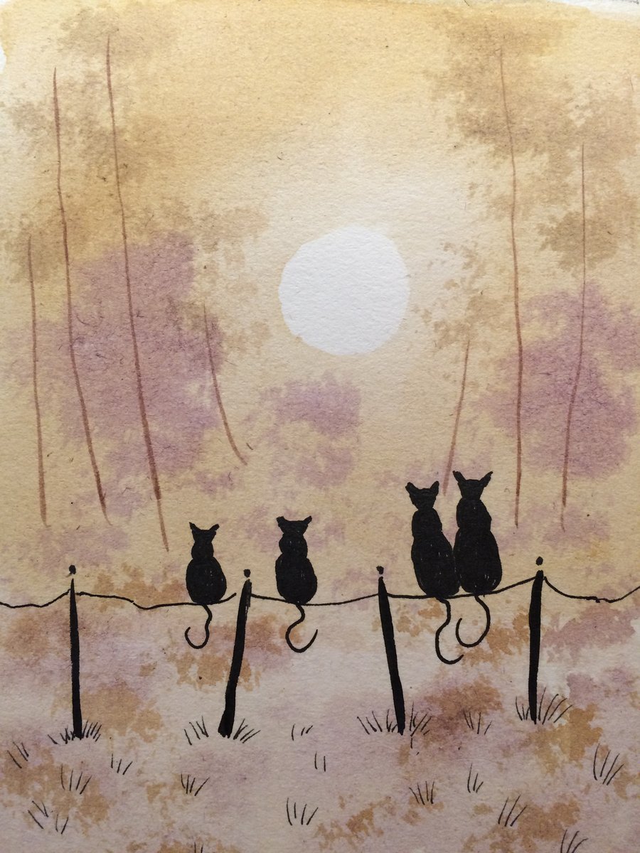 Original watercolour ‘Moonlight Cats’ by Stephen Allen
